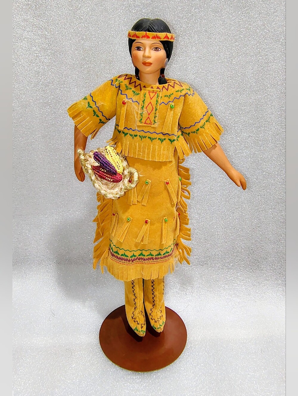Vintage 1991 Avon Tasime Native American Porcelain Doll w Basket & Stand